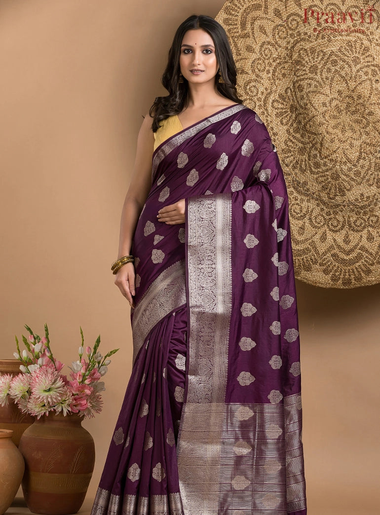 Dark Purple Silk Saree with Silver Border and Butas