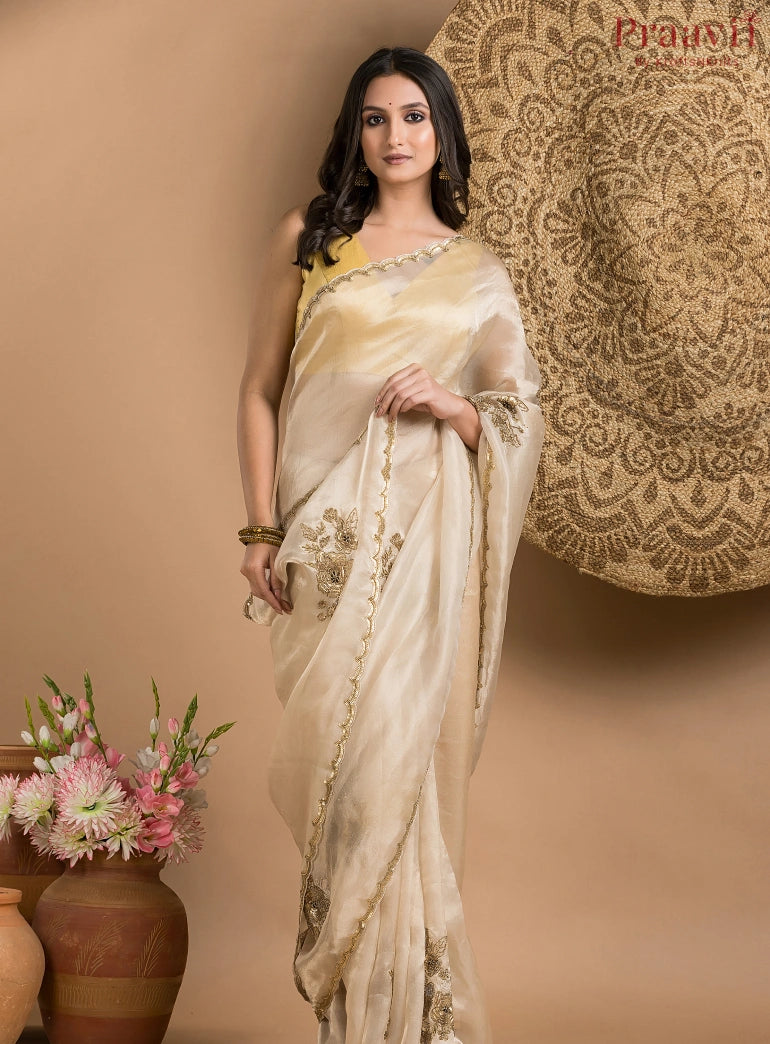 Cream Beige Pure Tissue Saree