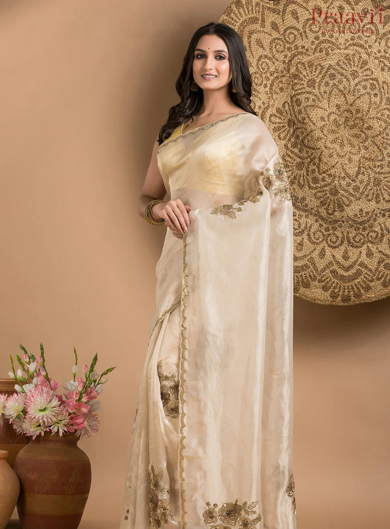 Cream Beige Pure Tissue Saree