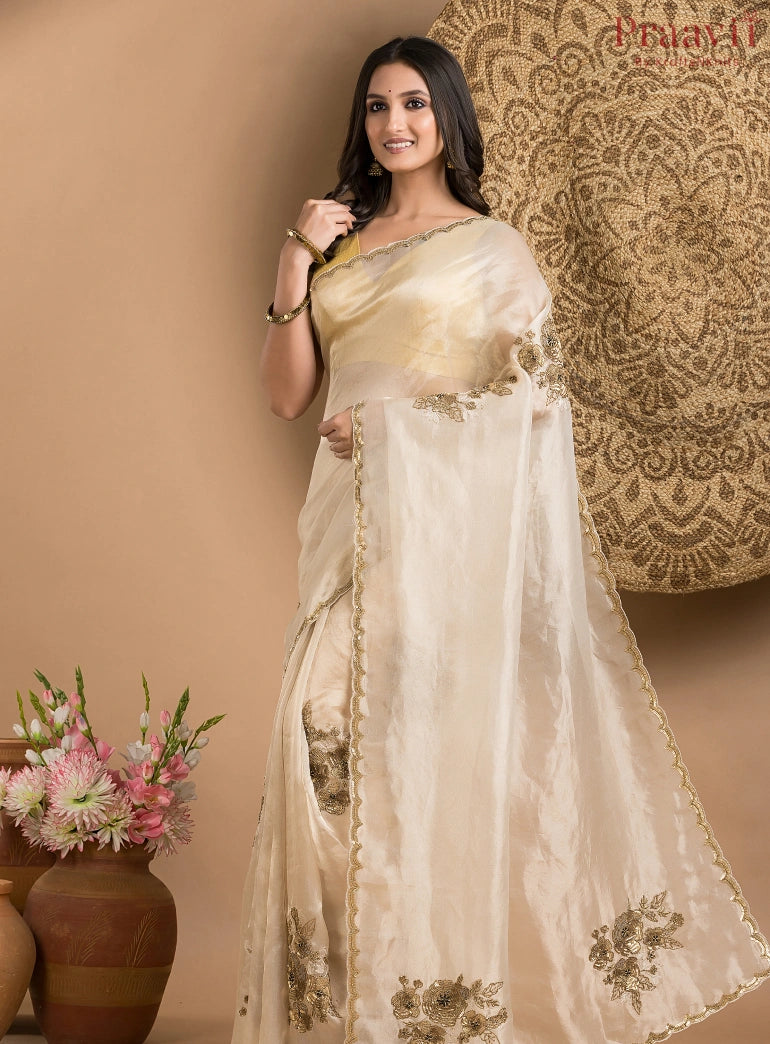 Cream Beige Pure Tissue Saree
