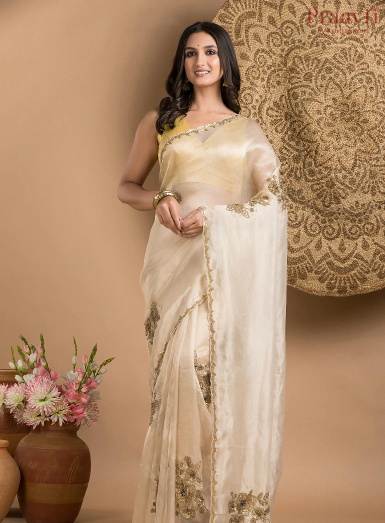 Cream Beige Pure Tissue Saree