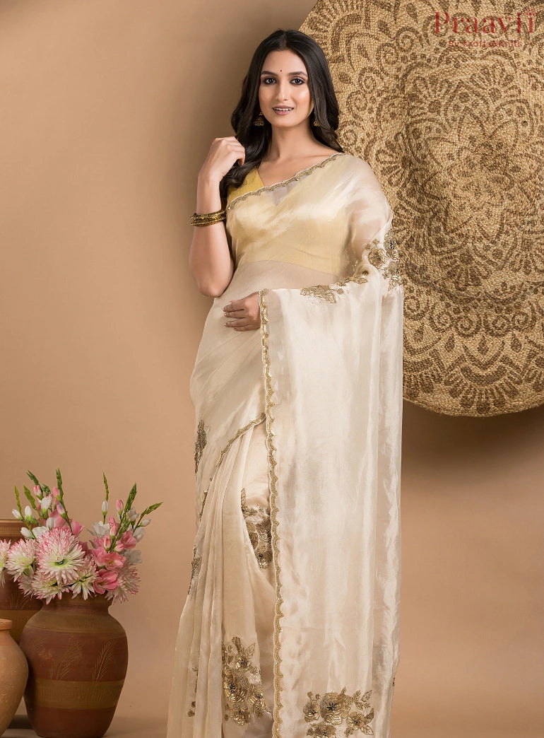 Cream Beige Pure Tissue Saree