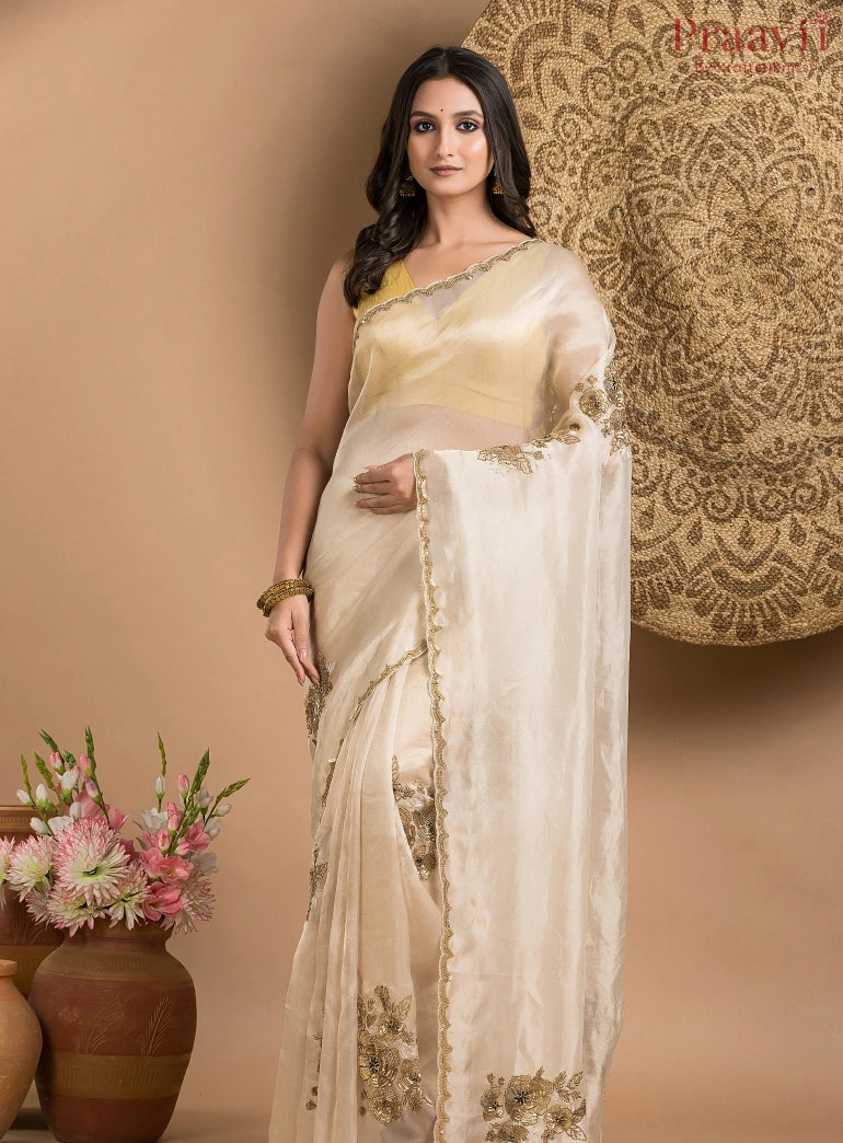 Cream Beige Pure Tissue Saree