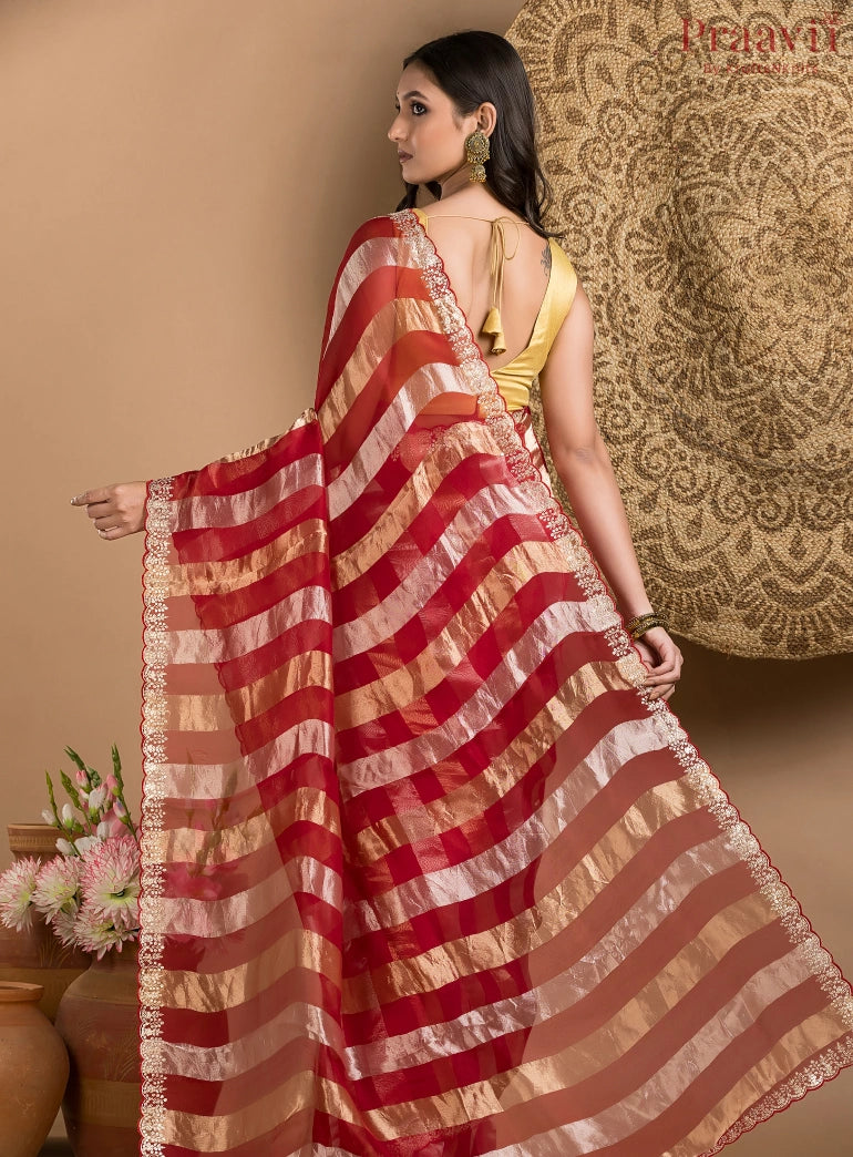 Red and Gold Tissue Saree