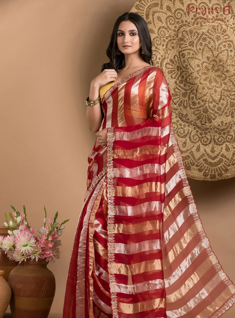 Red and Gold Tissue Saree