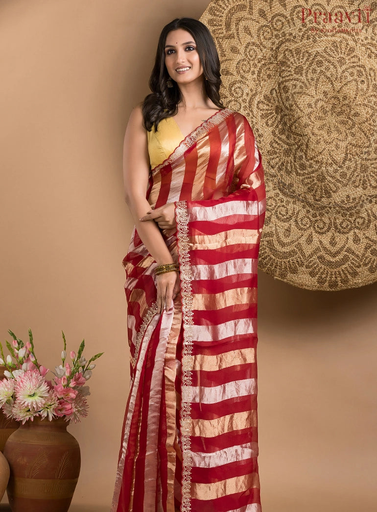 Red and Gold Tissue Saree