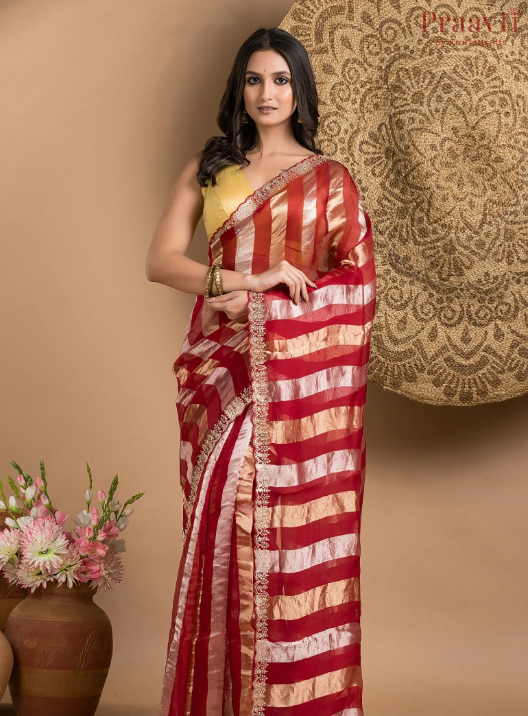 Red and Gold Tissue Saree
