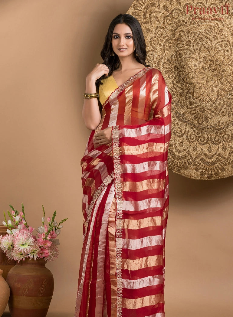 Red and Gold Tissue Saree