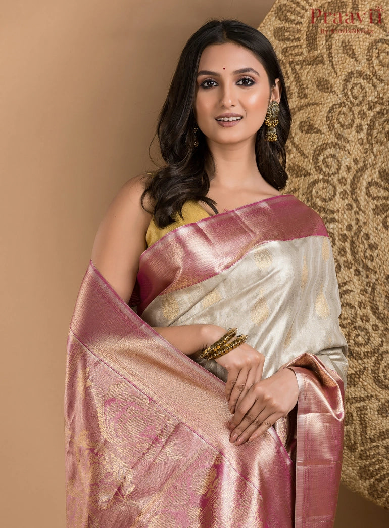 Cream & Pink Tissue Kanjeevaram Saree