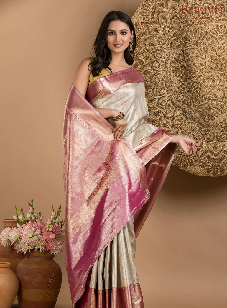 Cream & Pink Tissue Kanjeevaram Saree