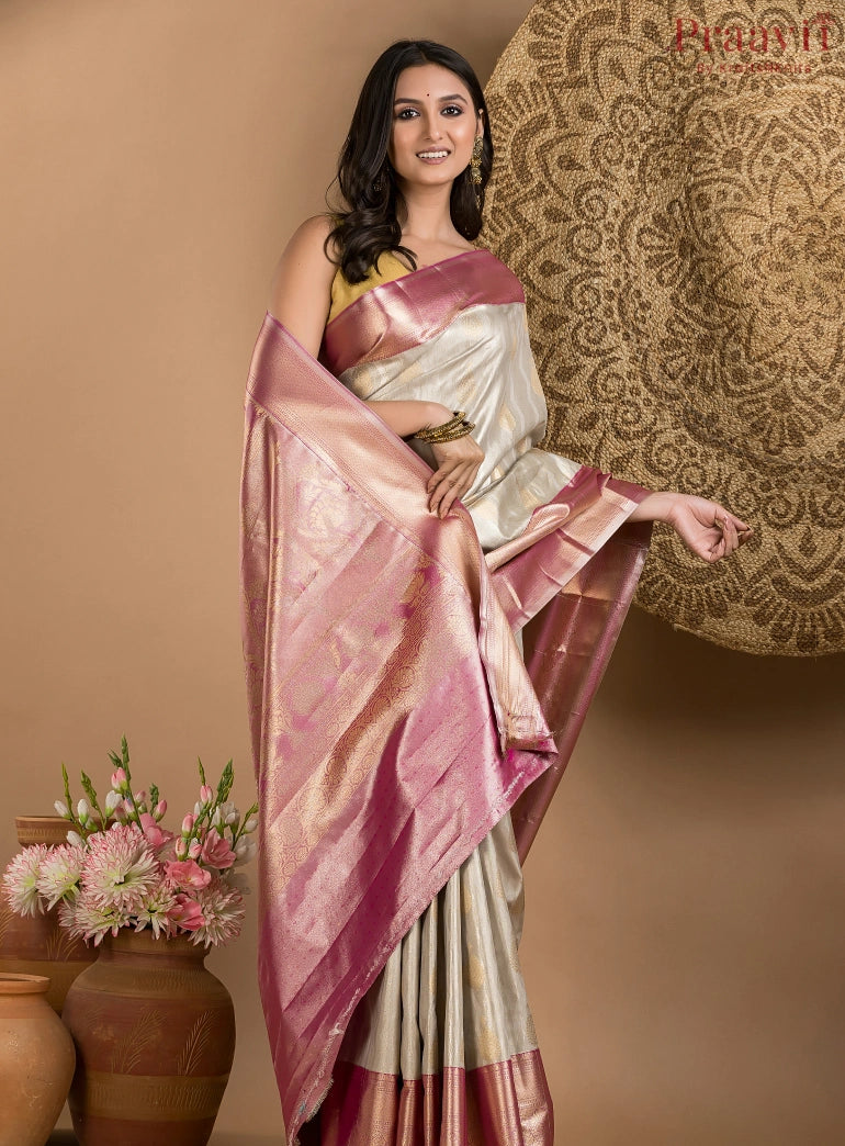 Cream & Pink Tissue Kanjeevaram Saree