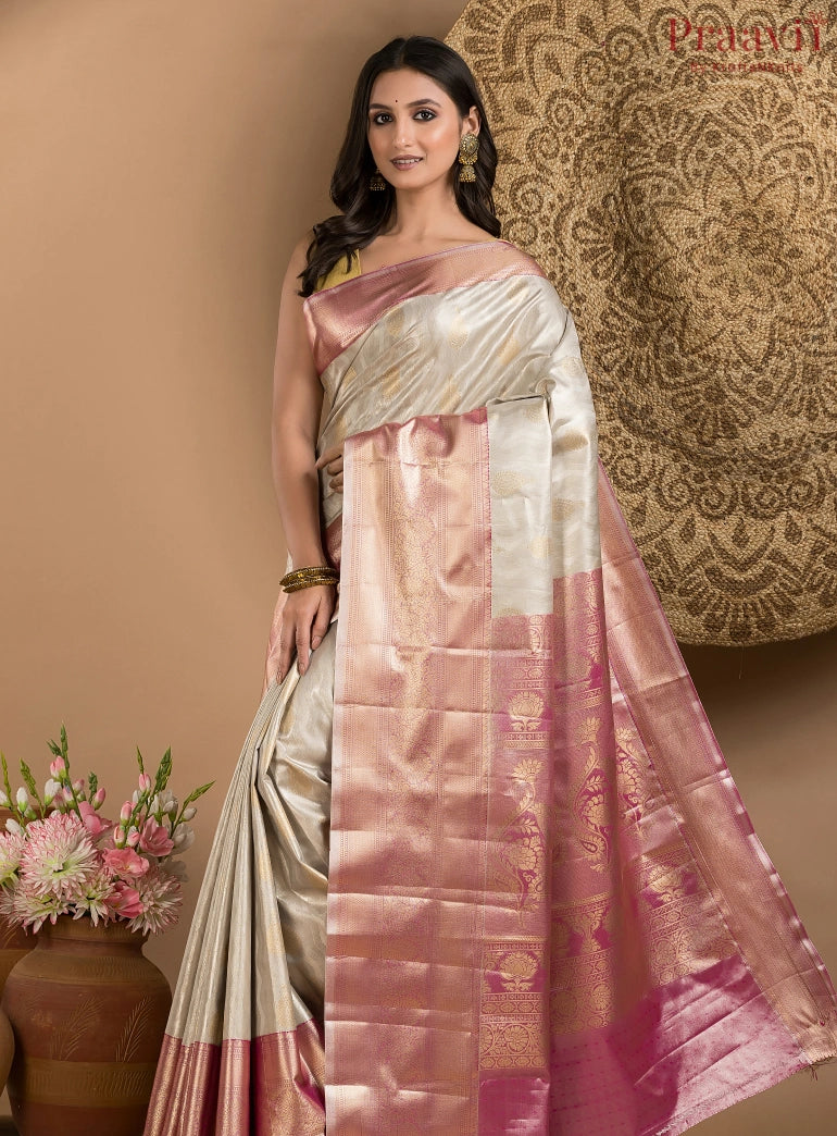 Cream & Pink Tissue Kanjeevaram Saree