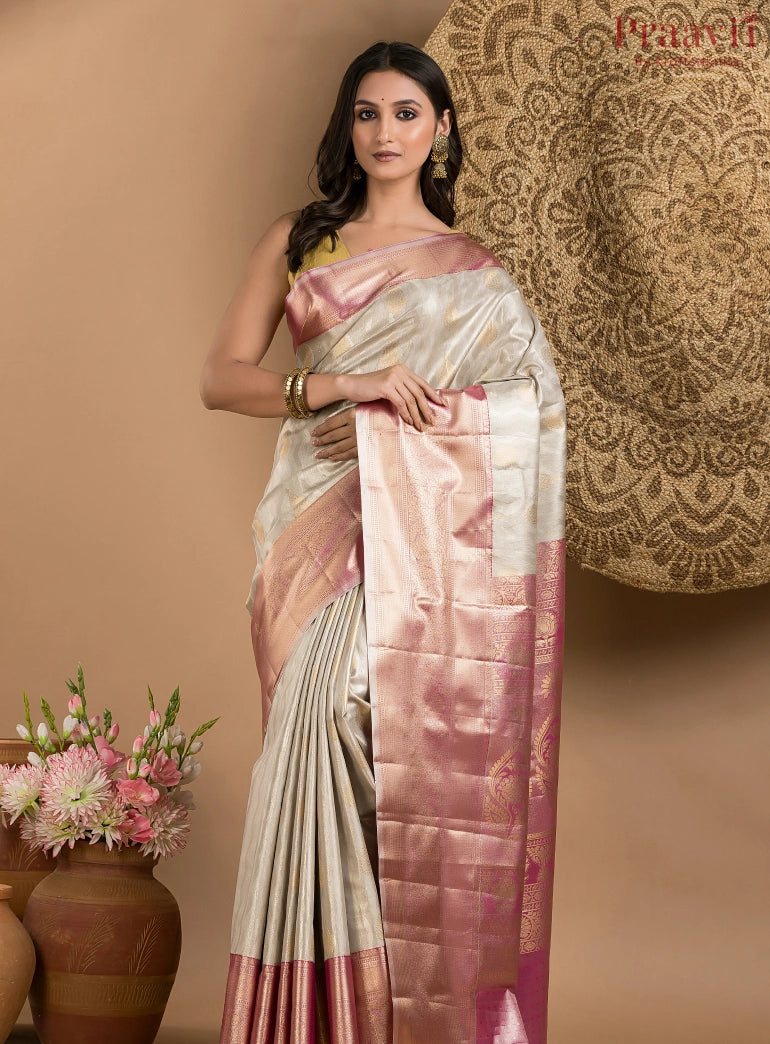 Cream & Pink Tissue Kanjeevaram Saree
