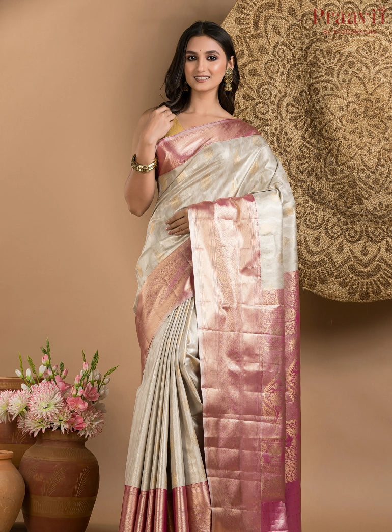 Cream & Pink Tissue Kanjeevaram Saree