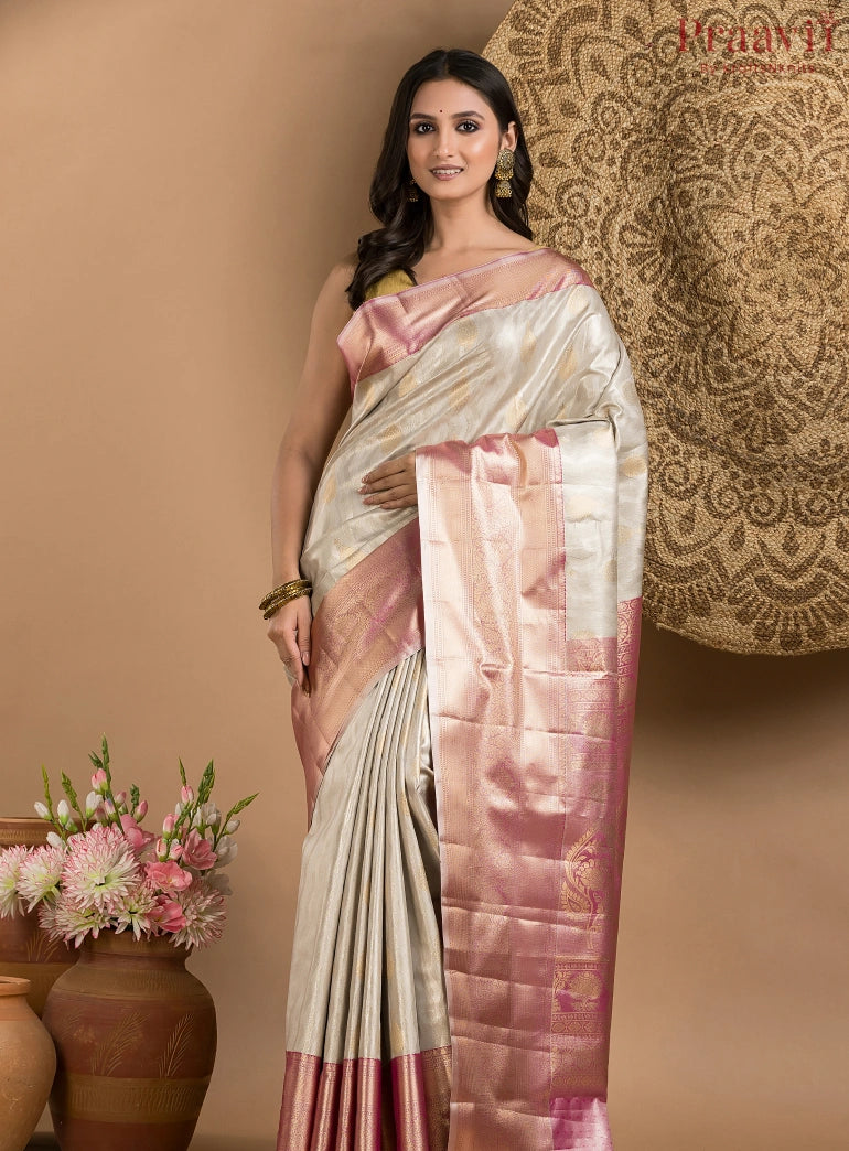 Cream & Pink Tissue Kanjeevaram Saree