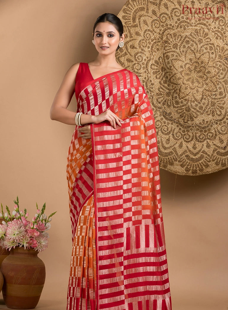 Red and Orange Khaddi saree