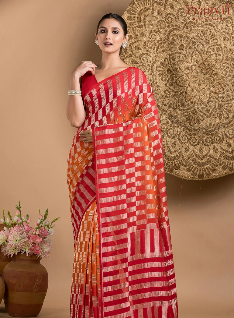 Red and Orange Khaddi saree
