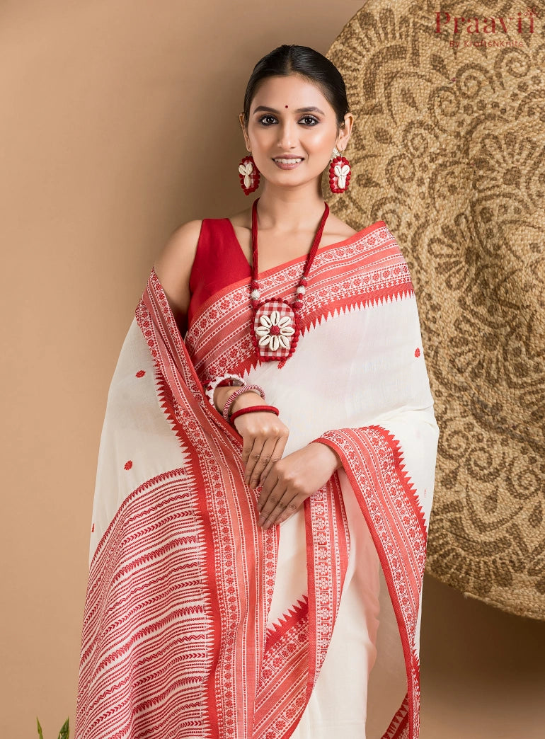 White Bengal Handloom Saree with Red Border