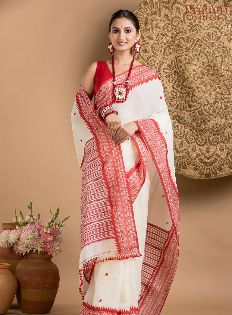 White Bengal Handloom Saree with Red Border
