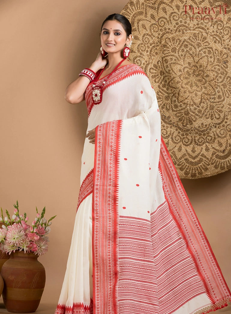 White Bengal Handloom Saree with Red Border