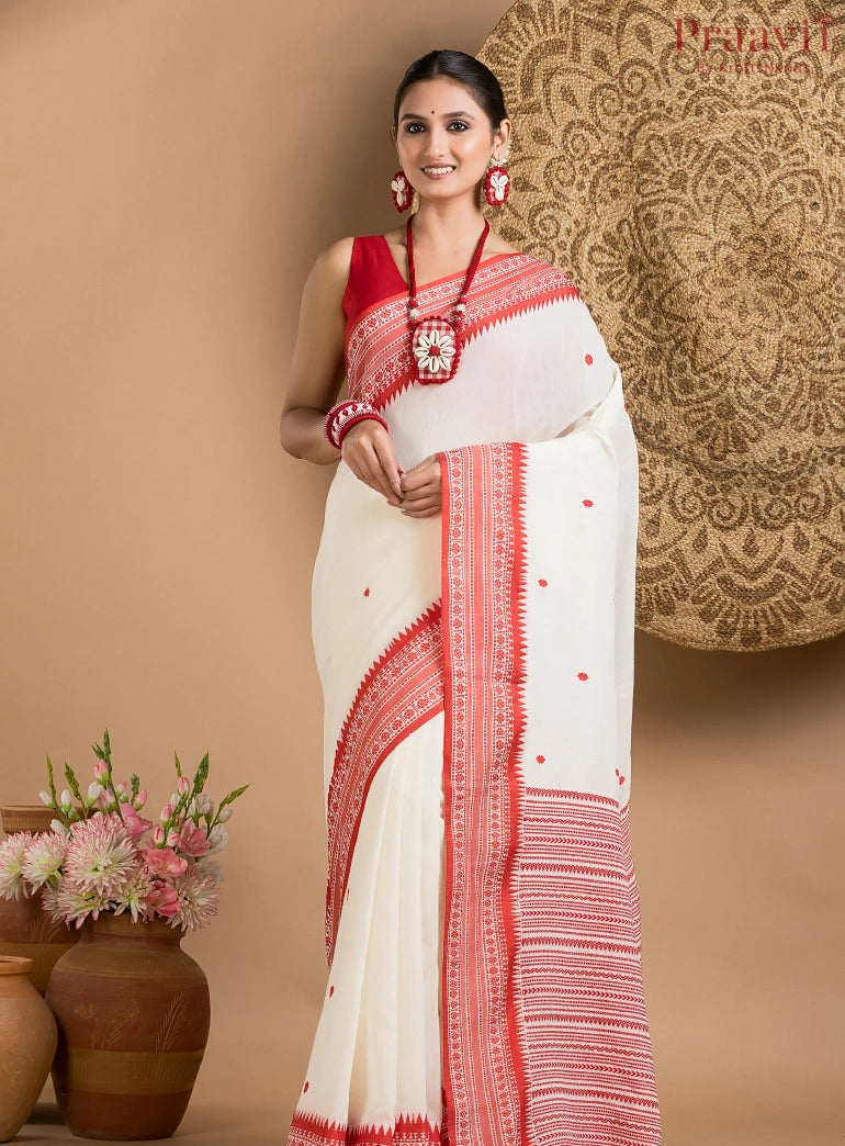 White Bengal Handloom Saree with Red Border