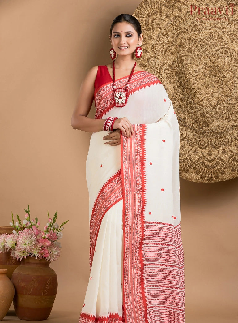 White Bengal Handloom Saree with Red Border