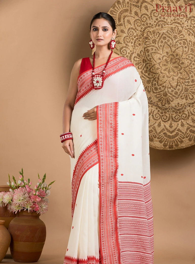 White Bengal Handloom Saree with Red Border
