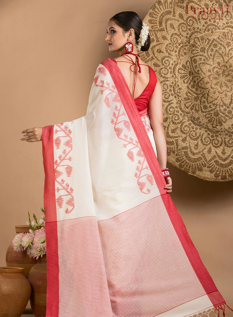 White Cotton Jamdani Saree with Red Border