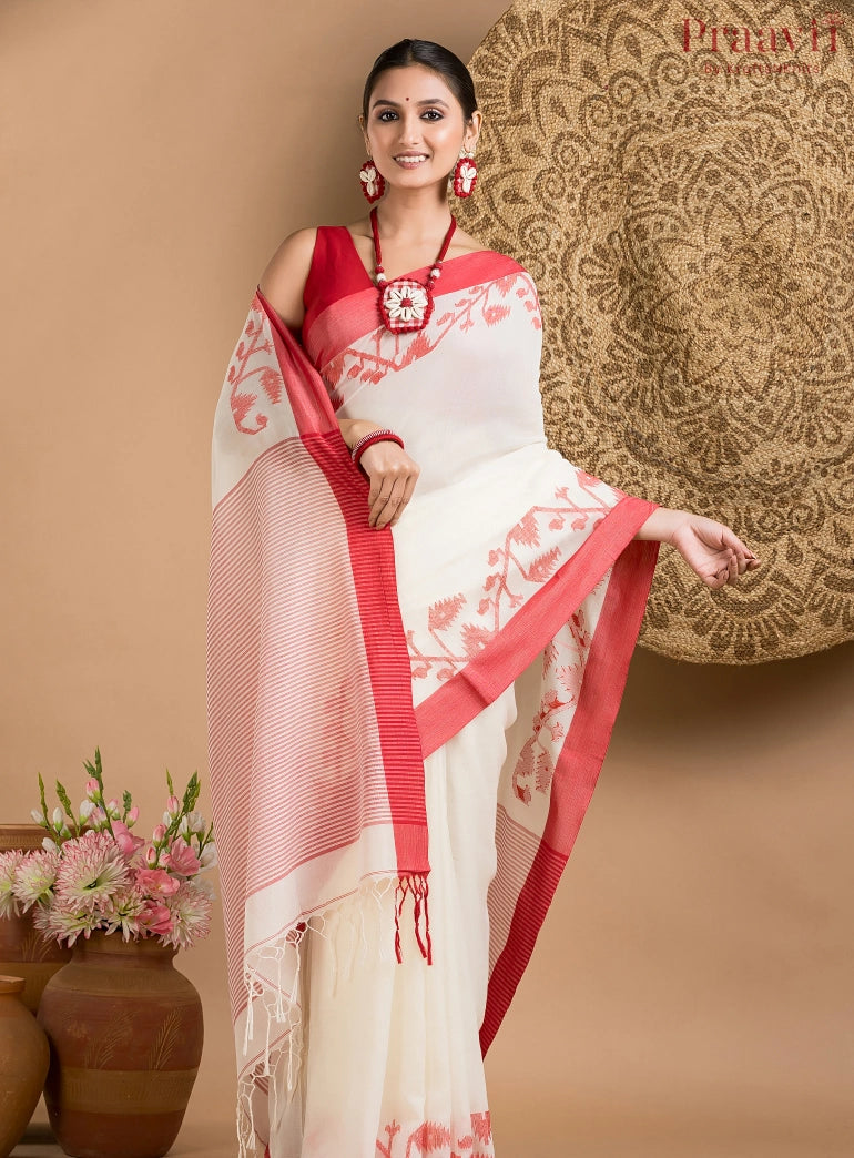 White Cotton Jamdani Saree with Red Border