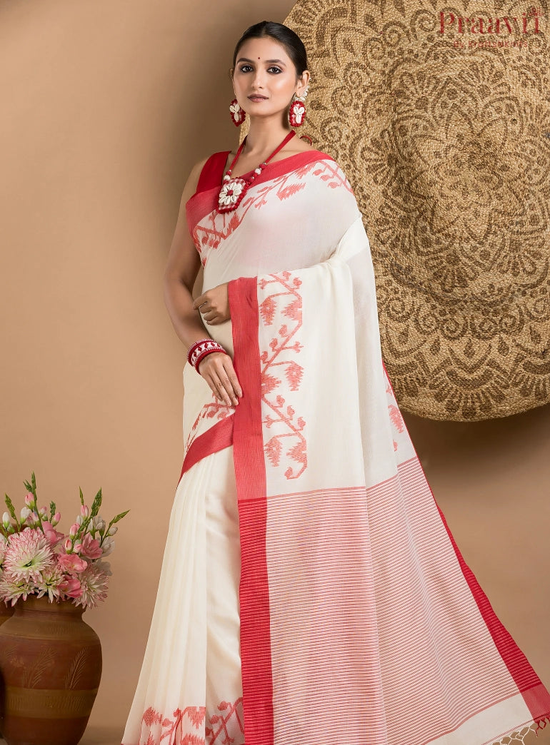 White Cotton Jamdani Saree with Red Border