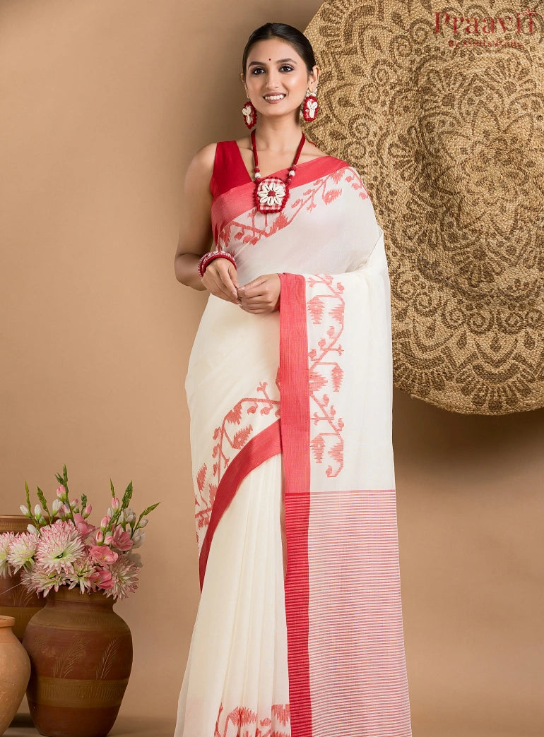 White Cotton Jamdani Saree with Red Border