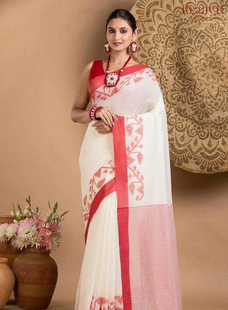 White Cotton Jamdani Saree with Red Border