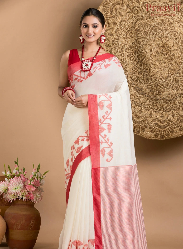 White Cotton Jamdani Saree with Red Border