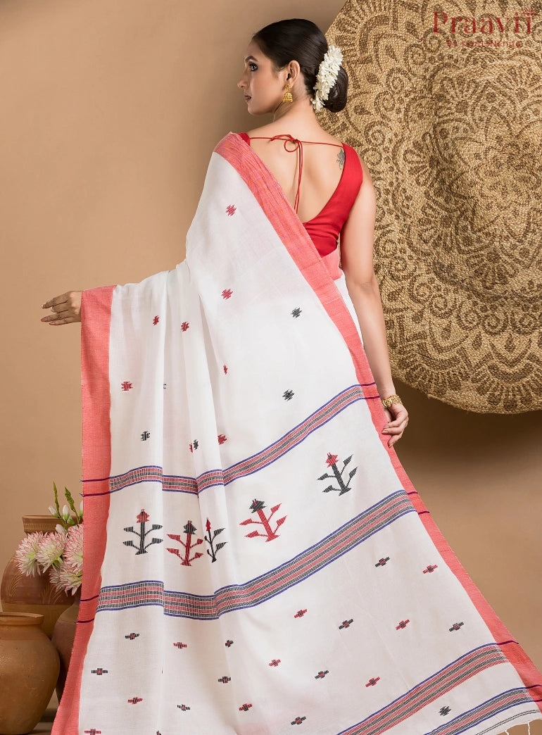 White & Red Cotton Jamdani Saree