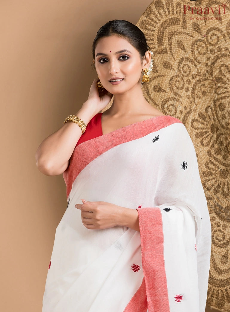 White & Red Cotton Jamdani Saree