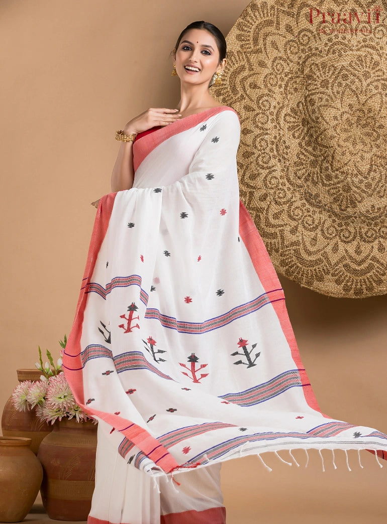 White & Red Cotton Jamdani Saree