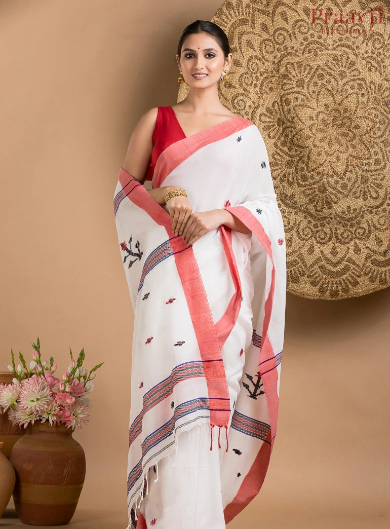 White & Red Cotton Jamdani Saree