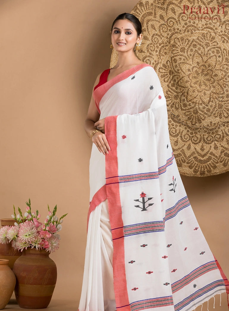 White & Red Cotton Jamdani Saree