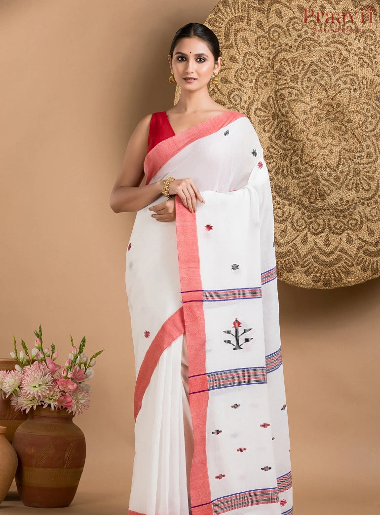 White & Red Cotton Jamdani Saree
