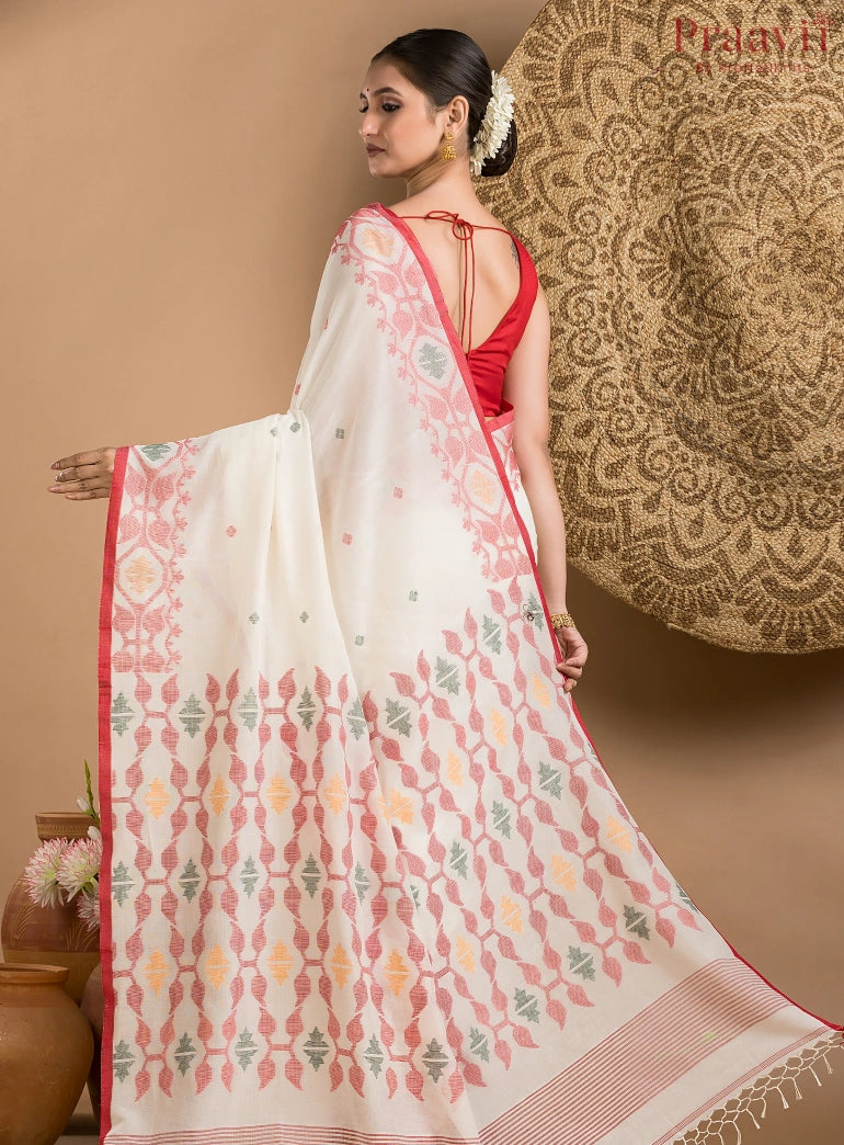 White Pure Jamdani Cotton Saree with Red Border