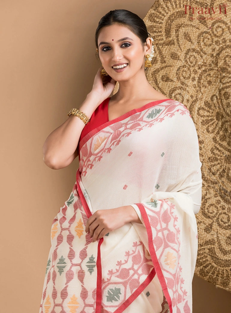 White Pure Jamdani Cotton Saree with Red Border
