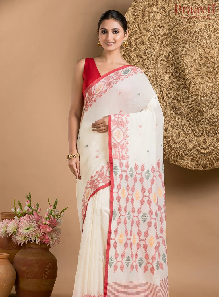 White Pure Jamdani Cotton Saree with Red Border
