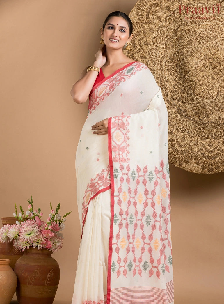 White Pure Jamdani Cotton Saree with Red Border