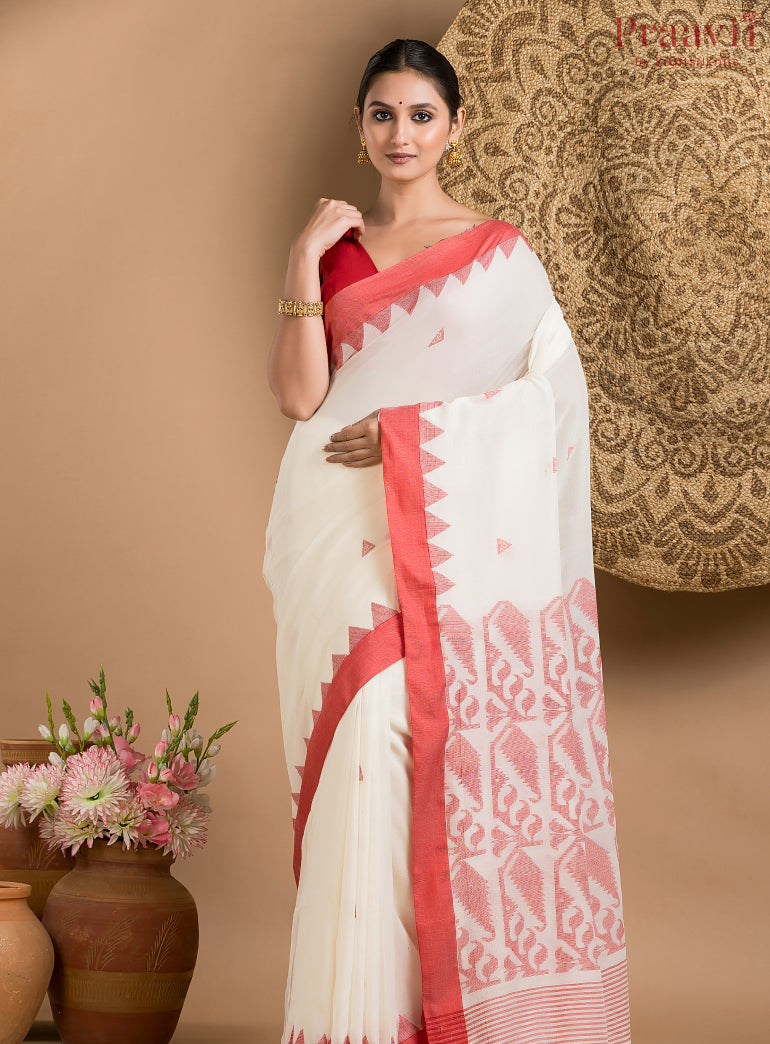 Classic White Cotton Jamdani Saree with Red Border