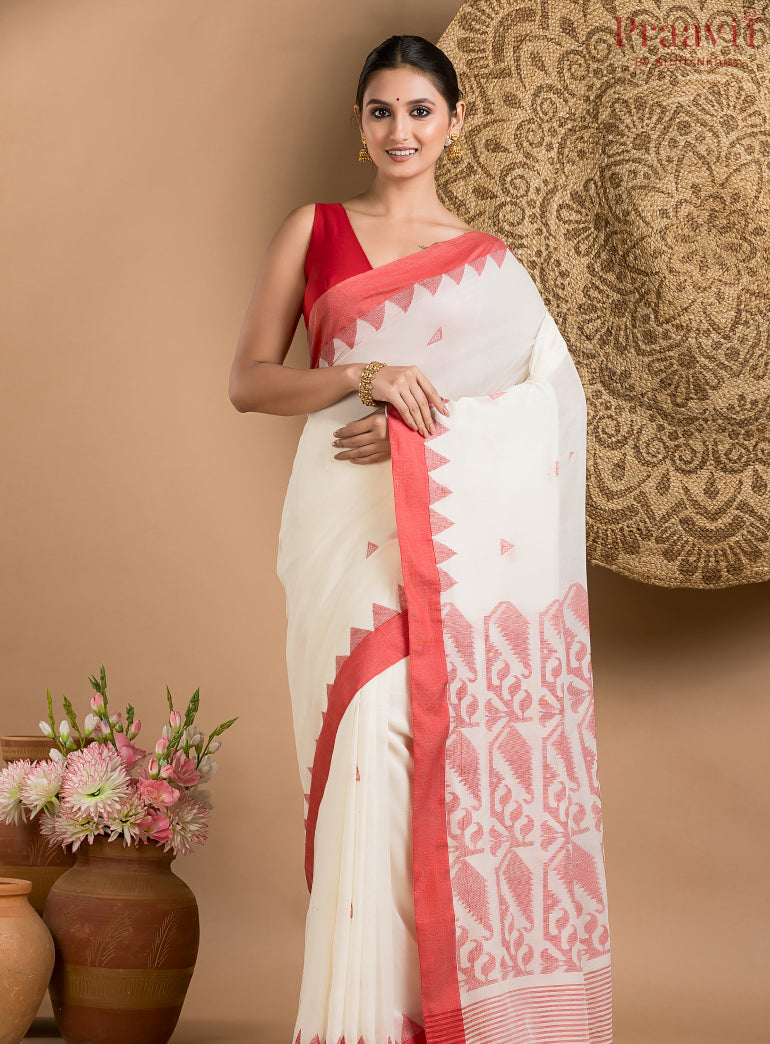 Classic White Cotton Jamdani Saree with Red Border