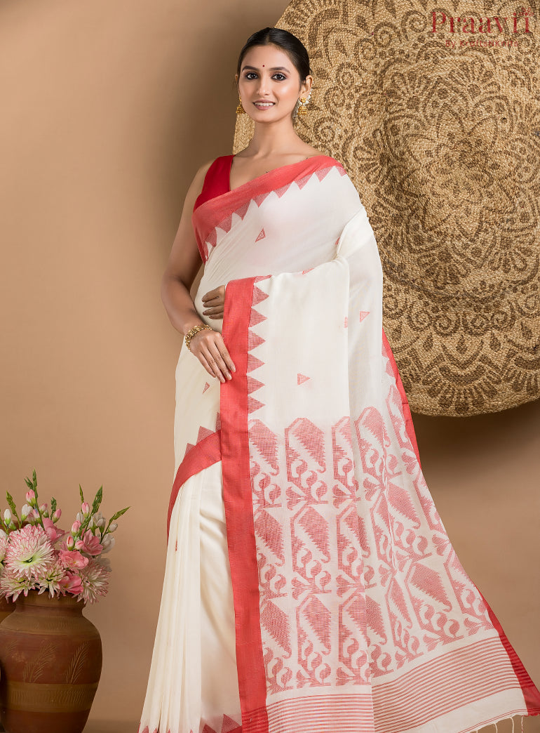 Classic White Cotton Jamdani Saree with Red Border