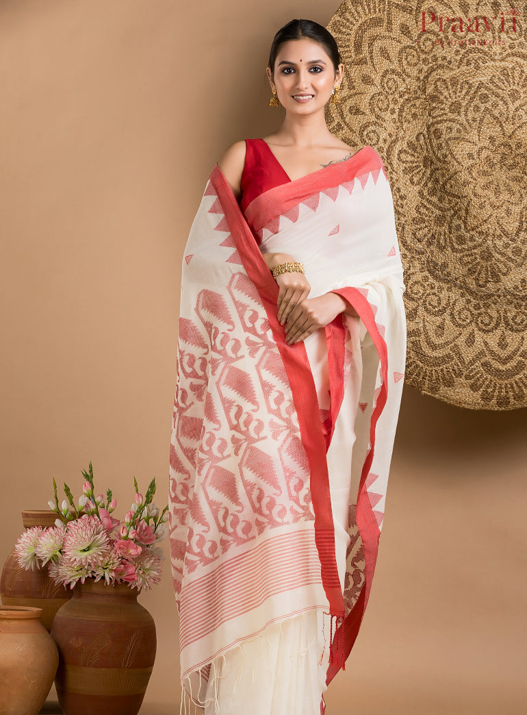 Classic White Cotton Jamdani Saree with Red Border