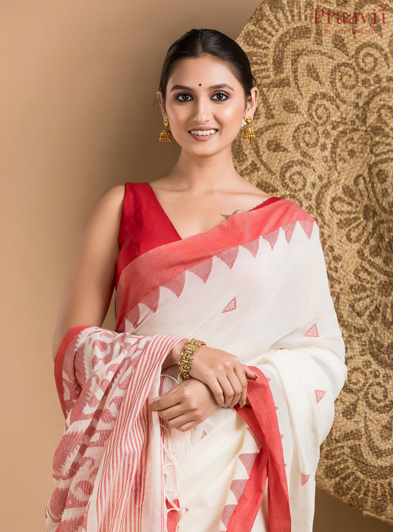 Classic White Cotton Jamdani Saree with Red Border