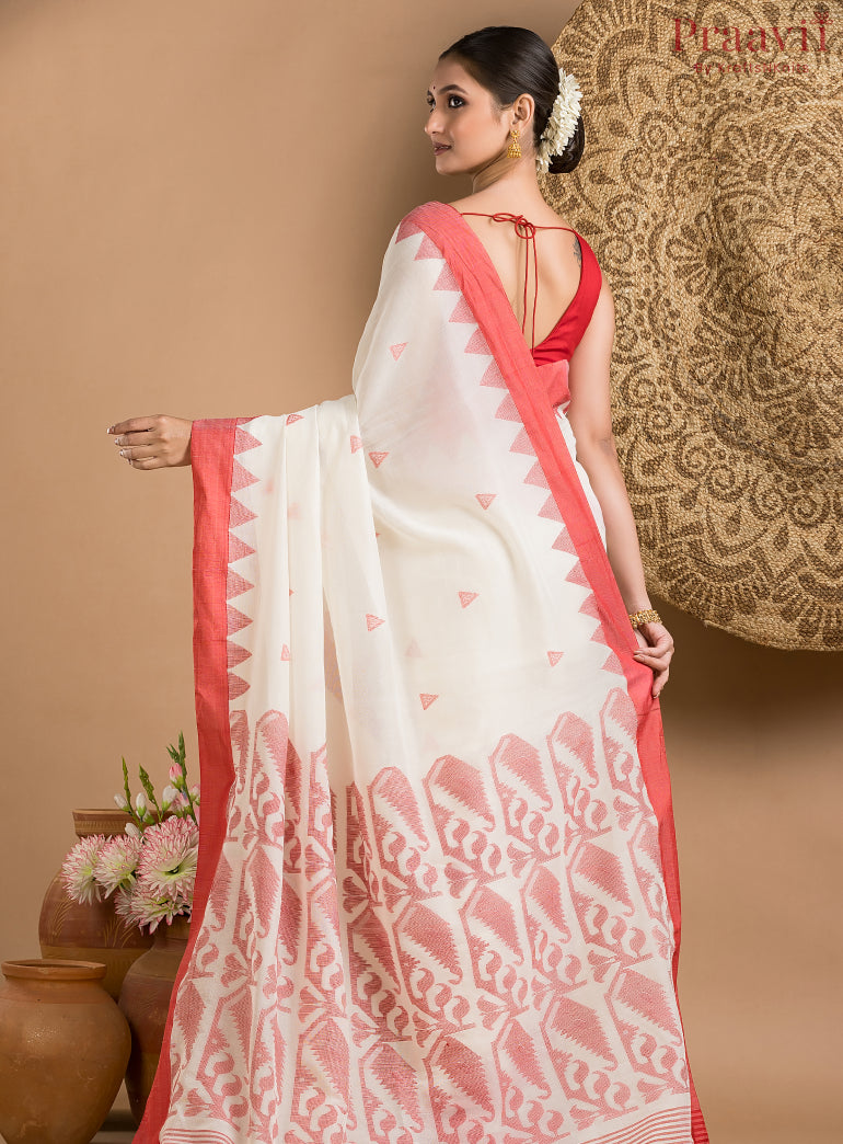 Classic White Cotton Jamdani Saree with Red Border