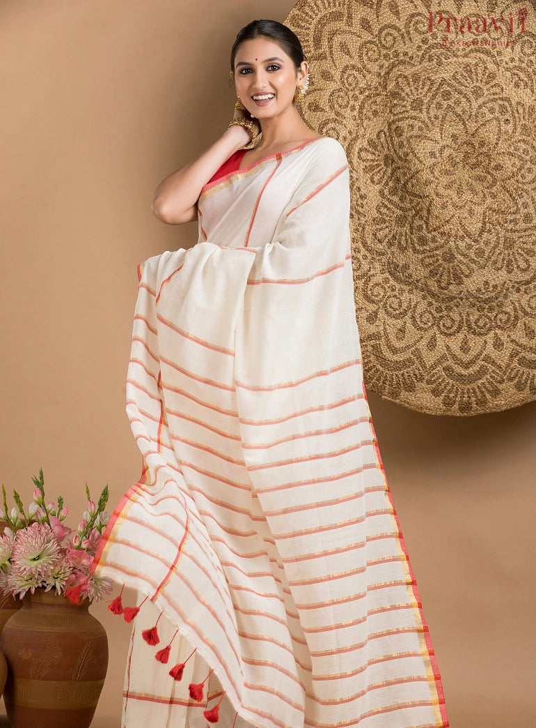 Off-White and Red Cotton Saree